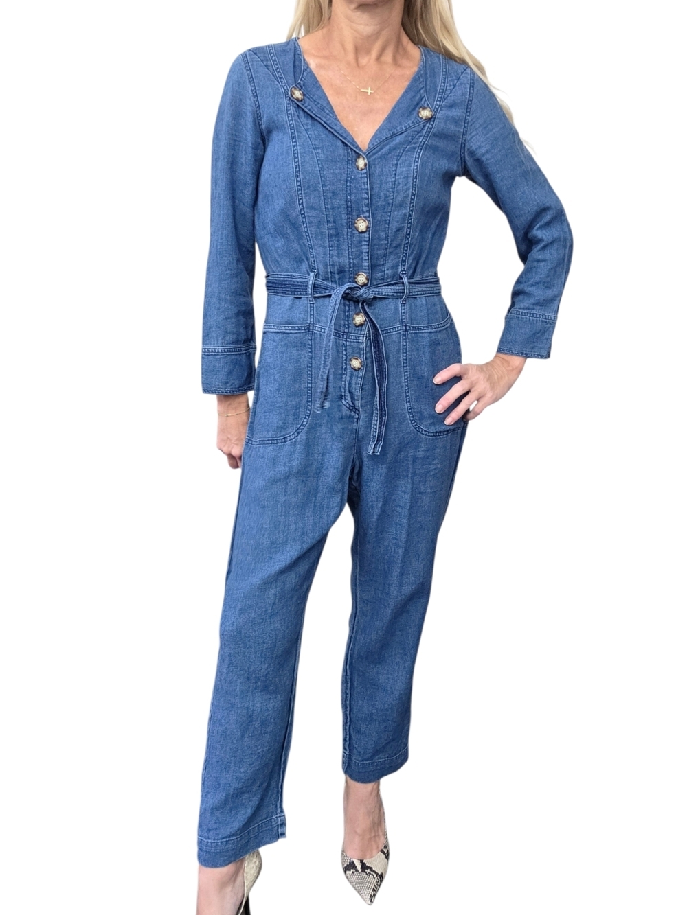 & Other Stories Linen Cotton Denim Jumpsuit Belted Utility Size 4